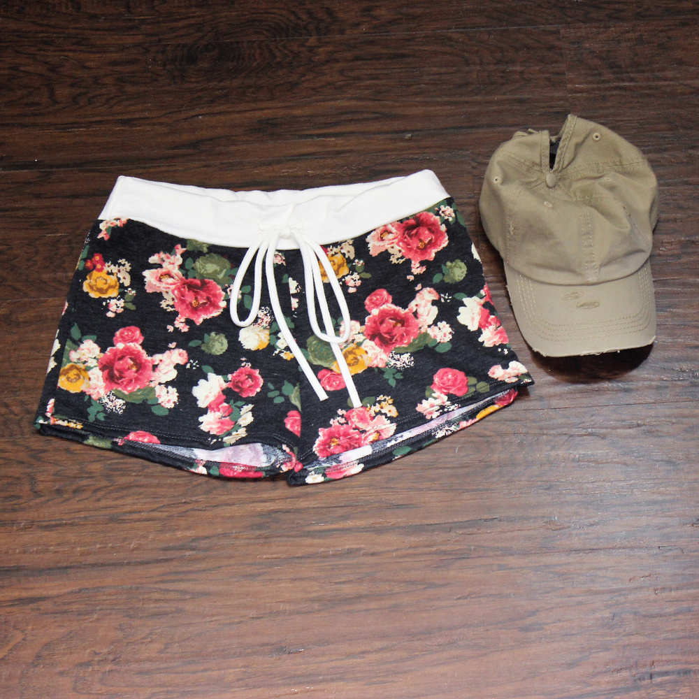 Black Flower Drawstring Shorts